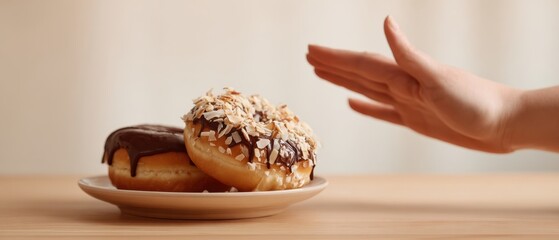 The donut temptation: hand refusing chocolate glazed sprinkled donuts on a plate