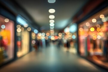 Soft, blurry view of an indoor walkway, shops lined with glowing lights blurring into luminous orbs, suggesting a vibrant urban space