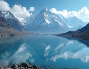 Vast blue lake reflects snow-capped mountains and cloudy sky under a clear blue sky. Jagged mountain peaks rise from a rocky shore, creating a serene, cold, and majestic natural landscape.