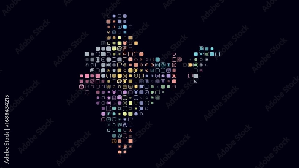 Poster india map animation. shape of the country with pulsating colored dots. large size rounded square blo