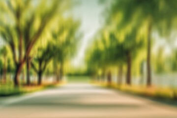 Obraz premium A blurred path through trees bathed in sunlight, inviting calm. Soft greens and warm earth tones create a serene, abstract, natural scene