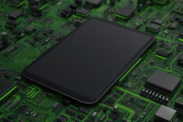 A dark tablet rests on a vibrant green circuit board, showcasing intricate electronic components and glowing green accents.  The tablet's screen is blank, emphasizing technological integration