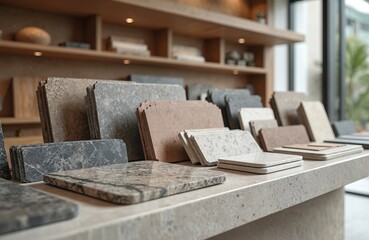 Variety of stone samples displayed for selection. Marble granite slab samples for kitchen countertop design. Building construction material with different textures, colors in rows. Home interior