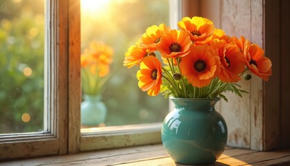 Bright orange flower bouquet fills teal vase. Sunlight streams through window, creating glowing, radiant effect. Cozy, warm scene with detailed petals, natural green stems, inviting home decor