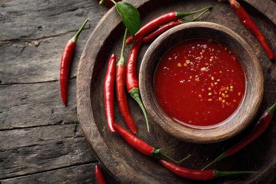 A dark wooden bowl of vibrant red chili sauce sits on a rustic wooden surface, surrounded by fresh red chilies and green leaves - Powered by Adobe