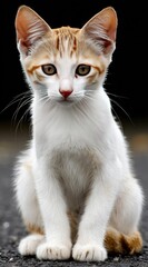 Obraz premium A kitten sits, its fur a blend of white and subtle orange markings, gazing directly. The backdrop is dark, enhancing the subject's delicate features