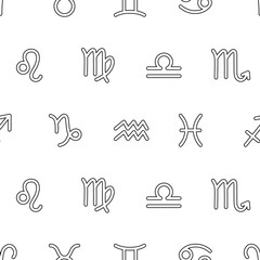 Hand-drawn zodiac constellations and celestial symbols black outline seamless pattern on white background. Vector modern and mystical design for spiritual and astrological themes.