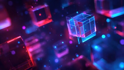 Abstract digital cubes in vibrant neon colors.  A cluster of translucent, glowing cubes,  mostly red and blue,  float in a dark space.  Particles of light swirl around them