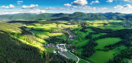 Serene landscape featuring the rural village. howcasing lush green meadows, traditional houses, and picturesque alpine mountains under a clear blue sky