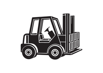 Black silhouette of a modern forklift truck vector illustration, industrial vehicle icon design for warehouse and logistics.