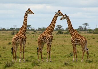 Fototapeta premium three giraffes herd in savannah
