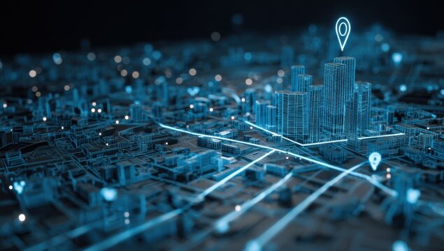 Cityscape with glowing digital map overlay