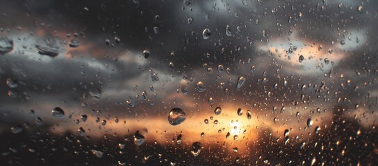 Rain-streaked window pane sunset view