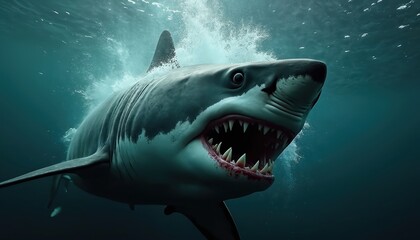 Naklejka premium Majestic great white swims through dark blue ocean waters, mouth open displaying rows of sharp teeth. Powerful predator creates sense of awe, danger, perfect for illustrating marine life ocean abyss.