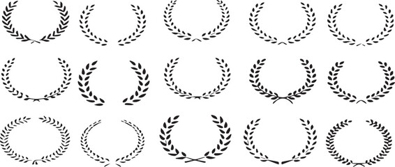 A vector illustration of a vintage set of black laurel wreath borders and frames with floral ornaments