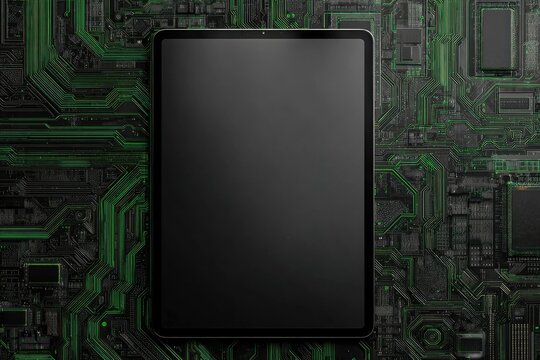 A dark-grey tablet with a blank black screen rests on a complex, glowing green circuit board