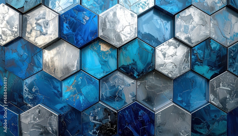 Fototapete a striking pattern of interlocking hexagonal shapes in deep blues and silvers, showcasing a textured