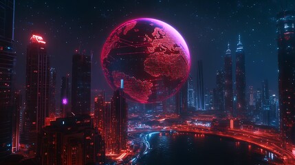 Fototapeta premium Surreal alien egg shaped planet hovering over a futuristic neon illuminated cityscape at night