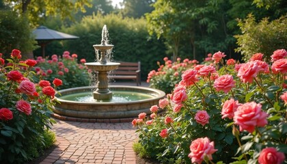 Sunlit rose garden features blooming pink roses, stone fountain, rustic bench, creating serene outdoor oasis. Green foliage, manicured bushes surround pathway, perfect for relaxation, nature