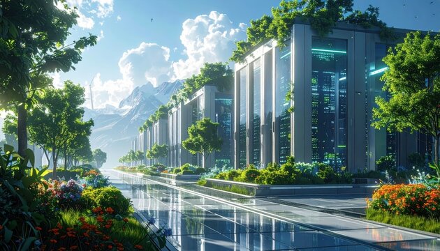 A futuristic cityscape blends modern architecture with lush greenery, creating a serene and sustainable urban environment.
