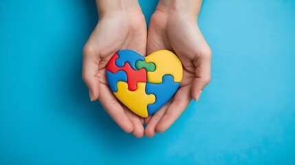World autism awareness day concept. Adult and child hands holding puzzle heart on light blue background