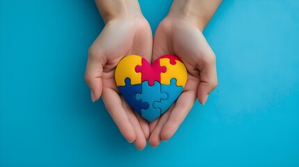 World autism awareness day concept. Adult and child hands holding puzzle heart on light blue background
