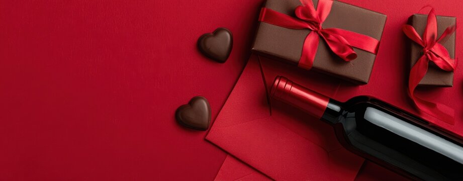 The wine bottle with chocolates and gift boxes on a red romantic background - Powered by Adobe