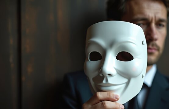 Businessman in suit holds white mask with smiling face. Man hides true emotions behind fake persona. Concept of duality, deception, or social conformity in business.