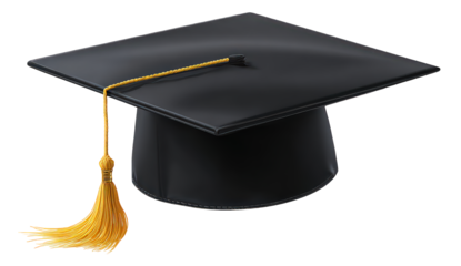 Black Graduation Cap with Gold Tassel on Transparent Background