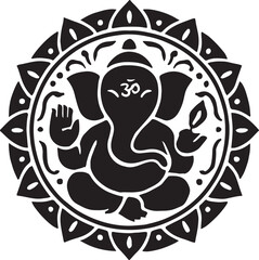 Silhouette vector of circular mandala with Ganesha icon, spiritual Hindu decorative design.