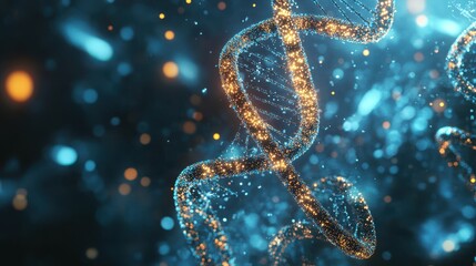 glowing DNA helixes floating around, scientific progress and AI integration, softly blurred modern research lab background