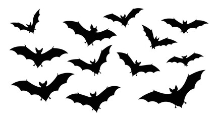 Black silhouettes of flying bats against a bright white background perfect for Halloween
