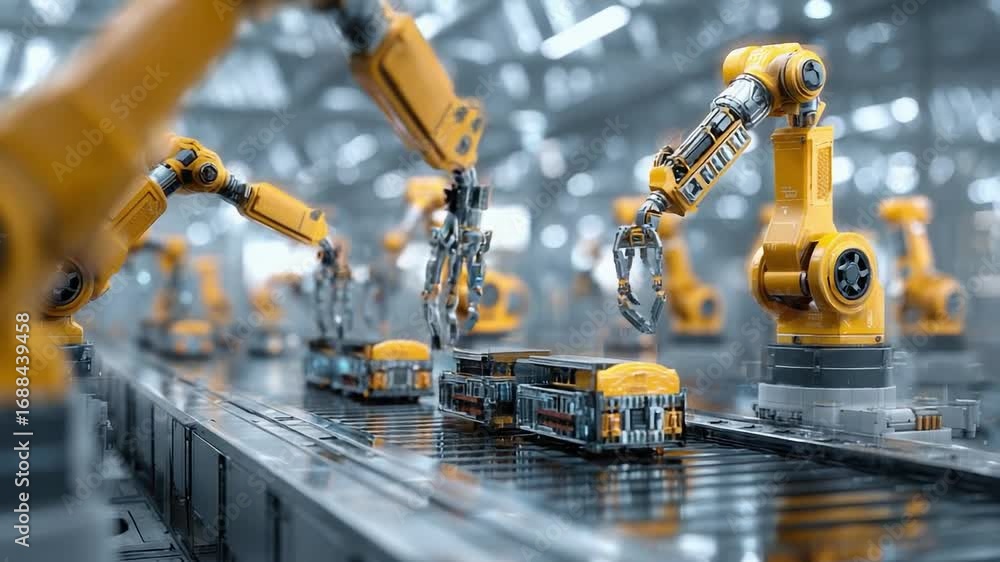 Poster robotic arms assembling products on an automated production line