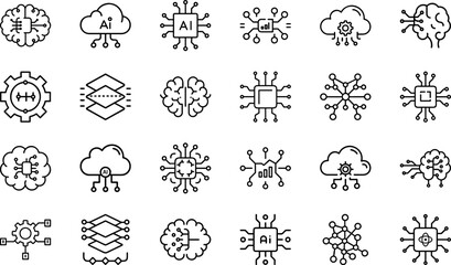 Futuristic Artificial Intelligence Icons Pack – Machine Learning, Neural Network, Cloud Computing, Data Science, AI Brain, Processor Chip, Deep Learning, Automation Technology, and Innovation Vector 