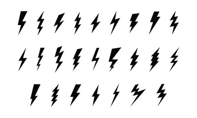 Lightning bolt icon. Flash symbol, thunderbolt, blitz lightnings strike sign. Electric energy black silhouettes, power concept. Vector isolated dynamic sports logo set. vector illustration eps file