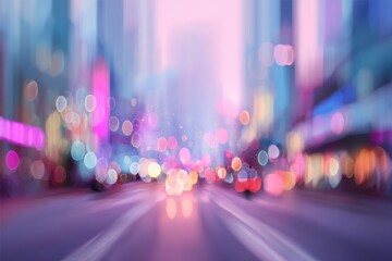 An abstract image of a city street at night, blurred with bokeh lights and vibrant hues of pink, purple, and blue, creating a dreamy and ethereal feel