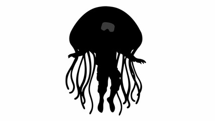 Silhouette of a figure with an elongated head and dangling strands resembling a jellyfish on white background