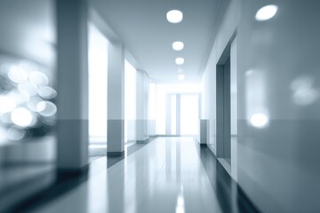 Blurry view of an empty corridor with shiny floor, light streaming from the end. Clean, clinical, modern architecture in muted blue tones