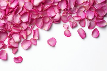 Obraz premium A dense cluster of pink rose petals cascading down a white background, leaving a blank space at the bottom right