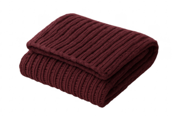 Folded knitted maroon blanket on transparent background