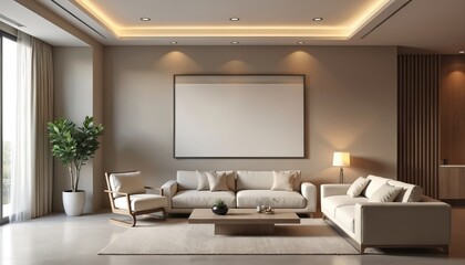 Fototapeta premium Serene minimalist living room with beige and gray tones, sleek furniture, and soft recessed lighting. Features a modern design, elegant interior, comfortable seating, and natural wood accents.
