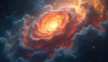Vibrant cosmic rose nebula, swirling vortex of glowing gas illuminated by hot young stars. Delicate gas petals create flower-like appearance in deep space. Textured clouds, bright core suggest