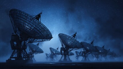 radio telescopes under starry night