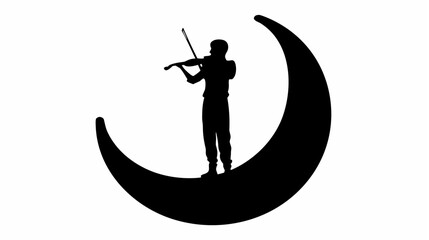 Silhouette of a person playing the violin while standing on a crescent moon in a black and white image