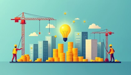 Illustration shows construction workers building city skyline featuring stacks of gold coins, bright lightbulb representing ideas, cranes. Visual metaphor investment, growth, innovation in urban