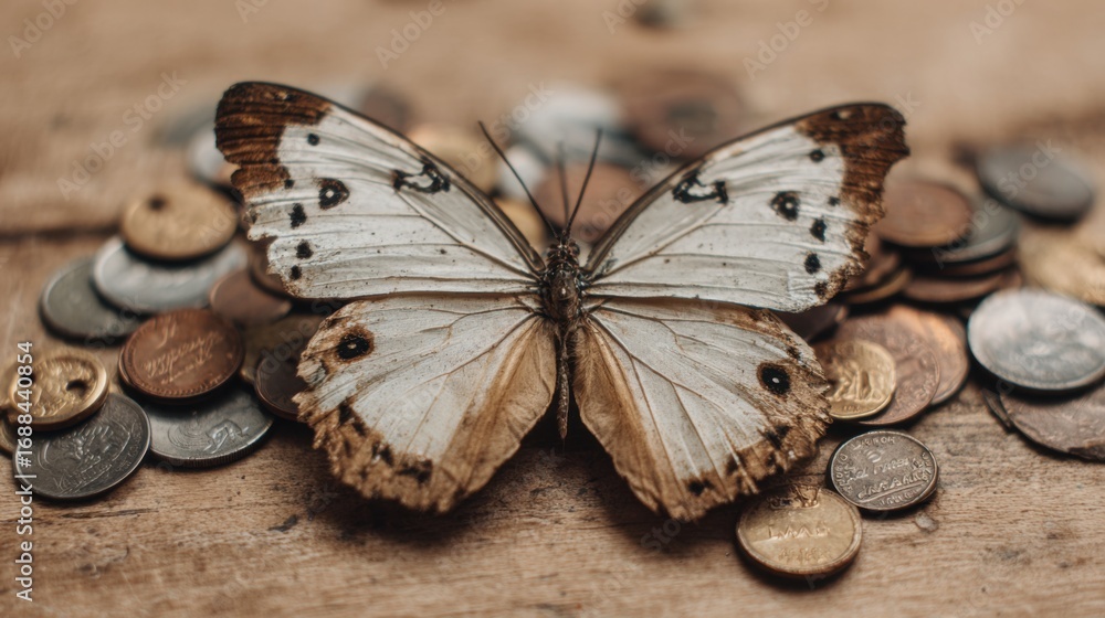 Poster a delicate butterfly with unique markings rests on a scattered assortment of coins, creating a strik
