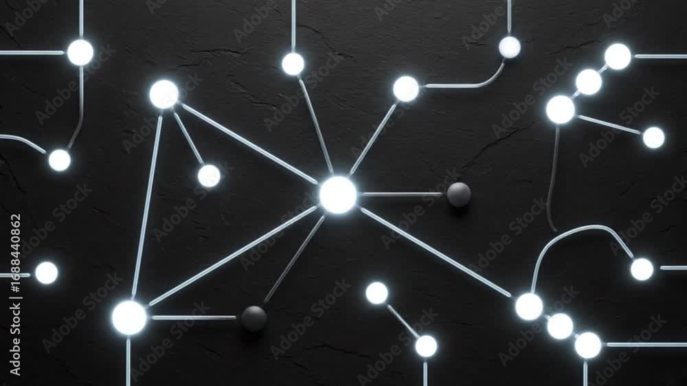 Poster a captivating abstract network of glowing white nodes interconnected by illuminated lines on a dark 