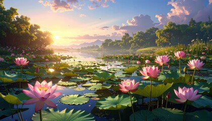 A serene sunrise panorama over a tranquil lake filled with vibrant pink lotus flowers, surrounded by lush greenery and gentle hills.