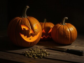 Three carved pumpkins with glowing faces on a wooden table. Pumpkin seeds and a knife are nearby. The scene captures the essence of Halloween decorations.