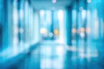 Abstract teal toned background of a blurred hallway with glossy flooring and a distant illuminated light, creating a soft, dreamy, ethereal effect